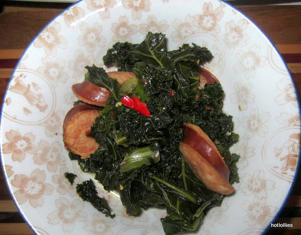 spicy kale and kielbasa in a bowl